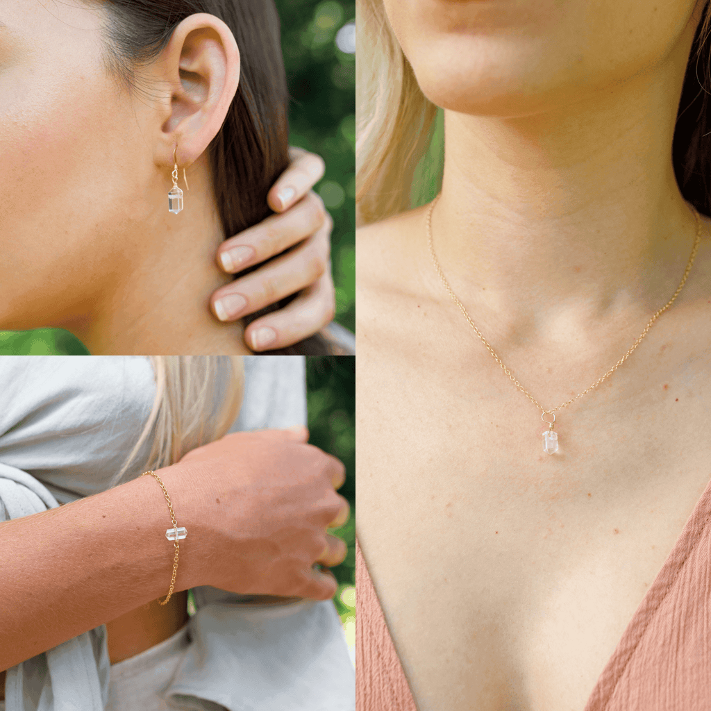 Crystal Quartz Double Terminated Earrings, Necklace & Bracelet Set - Crystal Quartz Double Terminated Earrings, Necklace & Bracelet Set - 14k Gold Fill - Luna Tide Handmade Crystal Jewellery