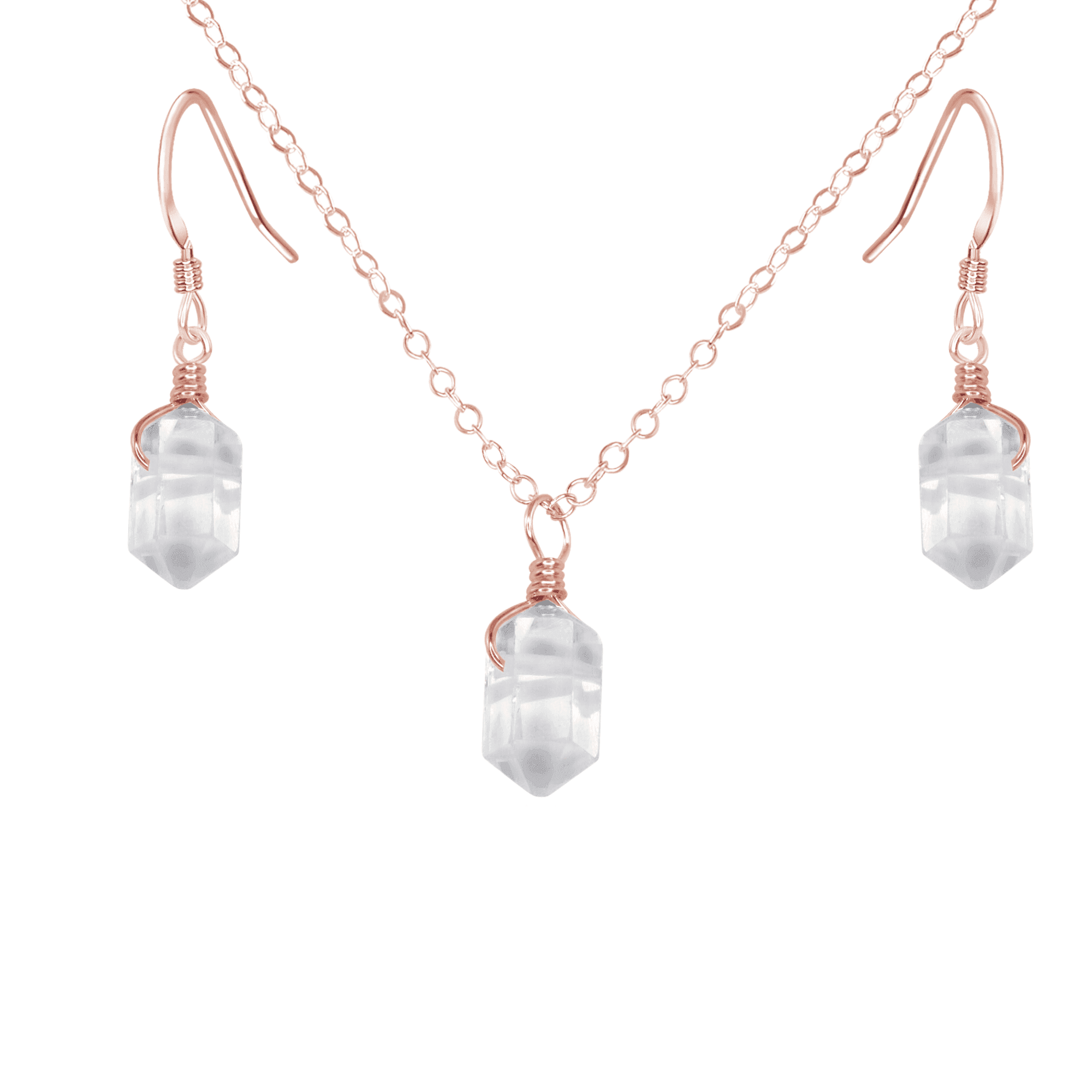 Crystal Quartz Mini Double Terminated Point Earrings & Necklace Set - Crystal Quartz Mini Double Terminated Point Earrings & Necklace Set - 14k Rose Gold Fill - Luna Tide Handmade Crystal Jewellery