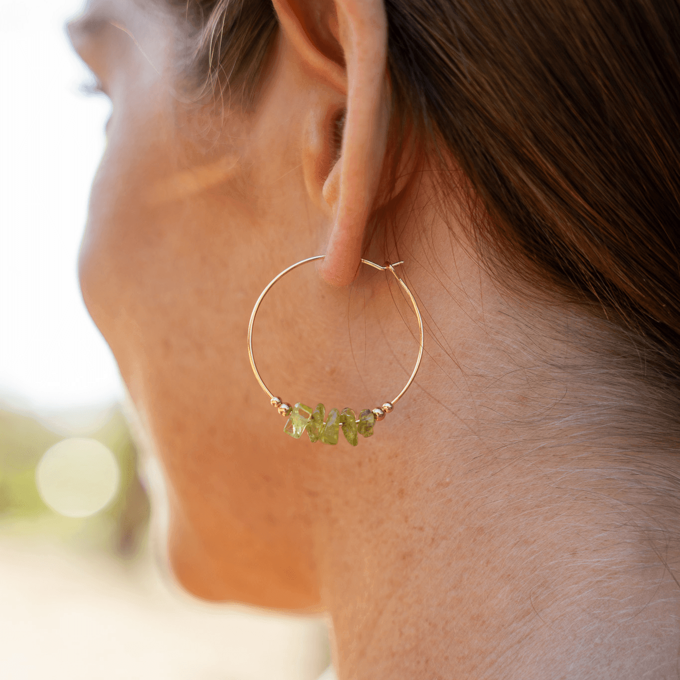 Peridot Crystal Chip Large Hoop Earrings - Peridot Crystal Chip Large Hoop Earrings - 14k Gold Fill - Luna Tide Handmade Crystal Jewellery