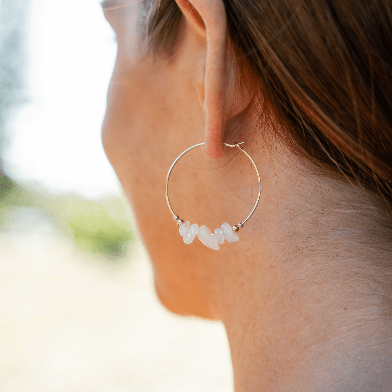Rainbow Moonstone Crystal Chip Large Hoop Earrings - Rainbow Moonstone Crystal Chip Large Hoop Earrings - 14k Gold Fill - Luna Tide Handmade Crystal Jewellery