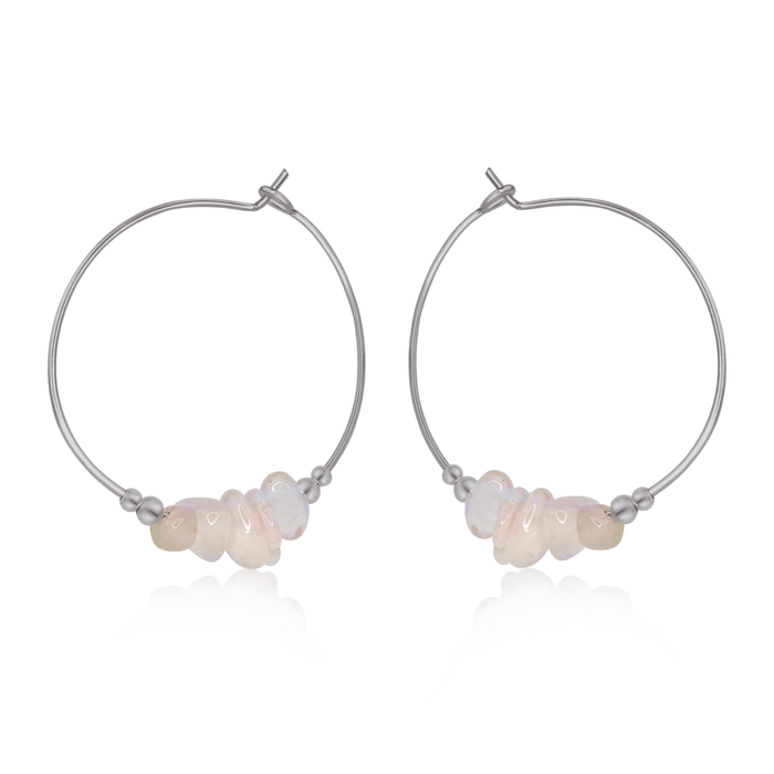 Rainbow Moonstone Crystal Chip Large Hoop Earrings - Rainbow Moonstone Crystal Chip Large Hoop Earrings - Stainless Steel - Luna Tide Handmade Crystal Jewellery