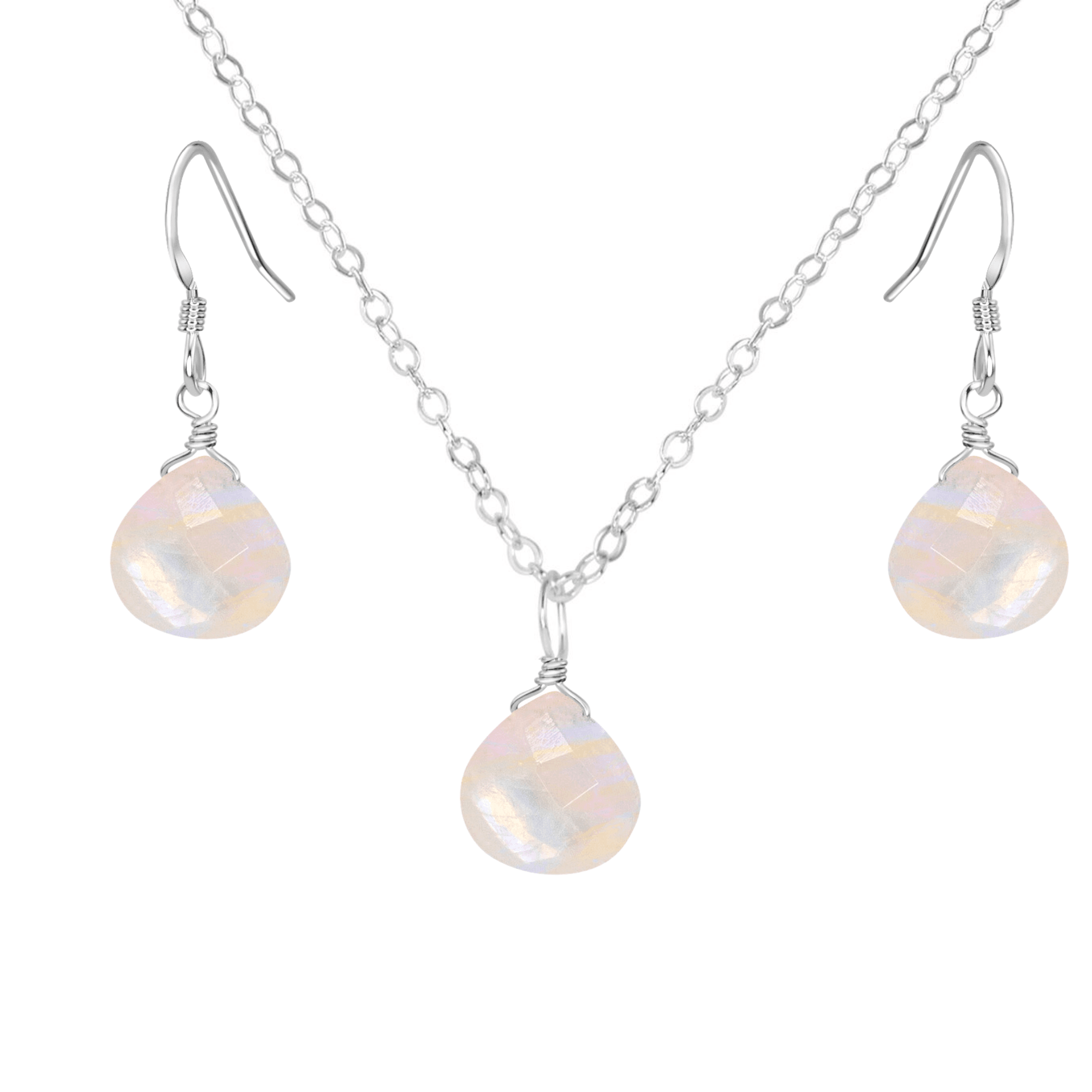 Rainbow Moonstone Tiny Teardrop Earrings & Necklace Set - Rainbow Moonstone Tiny Teardrop Earrings & Necklace Set - Sterling Silver / Cable - Luna Tide Handmade Crystal Jewellery
