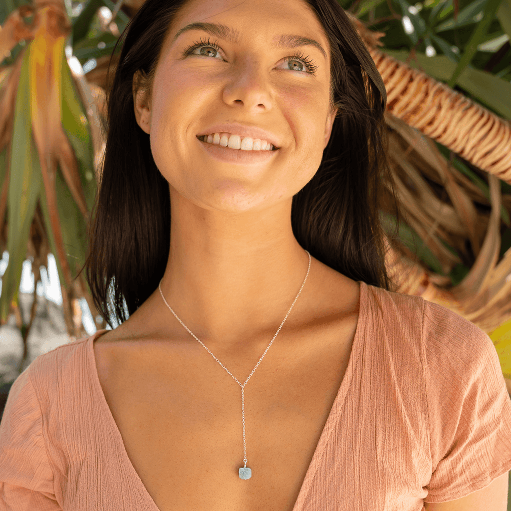 Raw Amazonite Crystal Lariat Necklace - Raw Amazonite Crystal Lariat Necklace - Sterling Silver - Luna Tide Handmade Crystal Jewellery