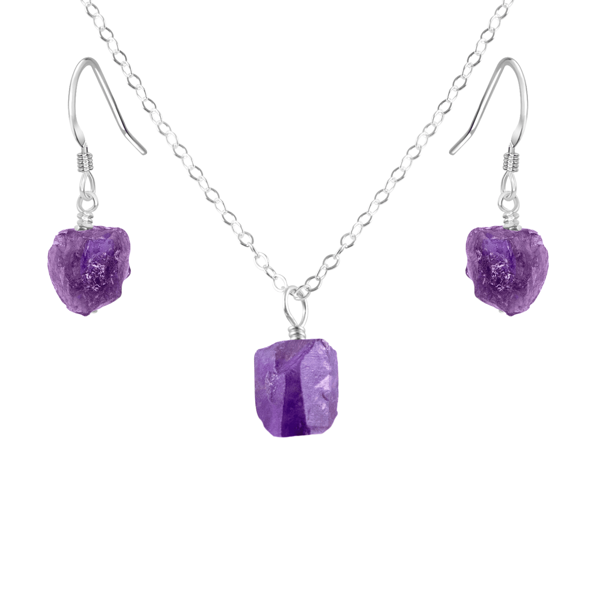 Raw Amethyst Crystal Earrings & Necklace Set - Raw Amethyst Crystal Earrings & Necklace Set - Sterling Silver / Cable - Luna Tide Handmade Crystal Jewellery