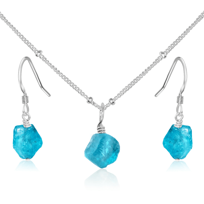 Raw Apatite Crystal Jewellery Set - Raw Apatite Crystal Jewellery Set - Sterling Silver / Satellite / Necklace & Earrings - Luna Tide Handmade Crystal Jewellery