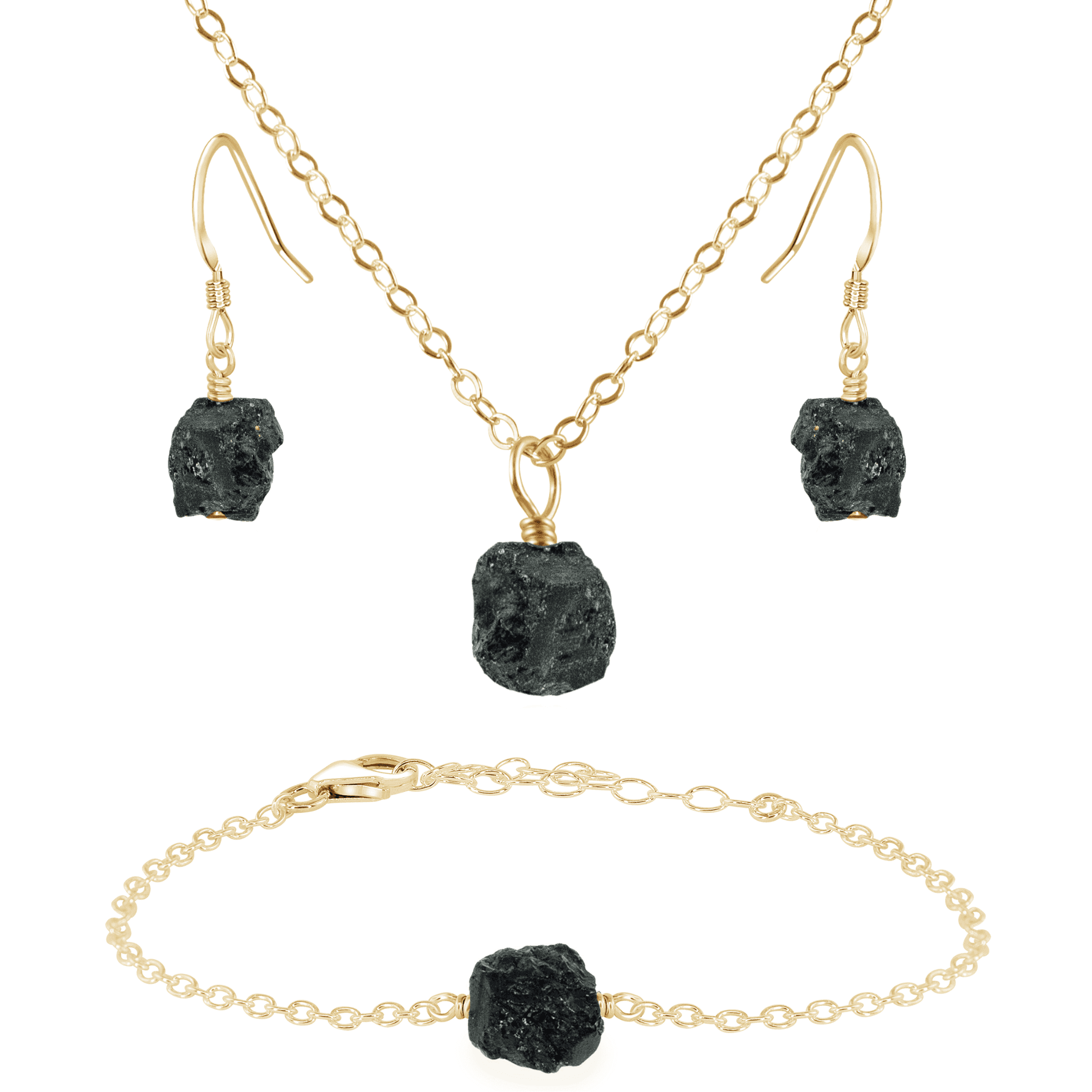 Raw Black Tourmaline Crystal Earrings, Necklace & Bracelet Set - Raw Black Tourmaline Crystal Earrings, Necklace & Bracelet Set - 14k Gold Fill - Luna Tide Handmade Crystal Jewellery