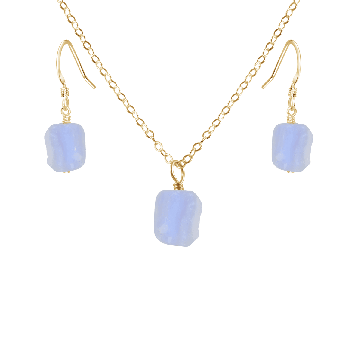 Raw Blue Lace Agate Crystal Earrings & Necklace Set - Raw Blue Lace Agate Crystal Earrings & Necklace Set - 14k Gold Fill - Luna Tide Handmade Crystal Jewellery