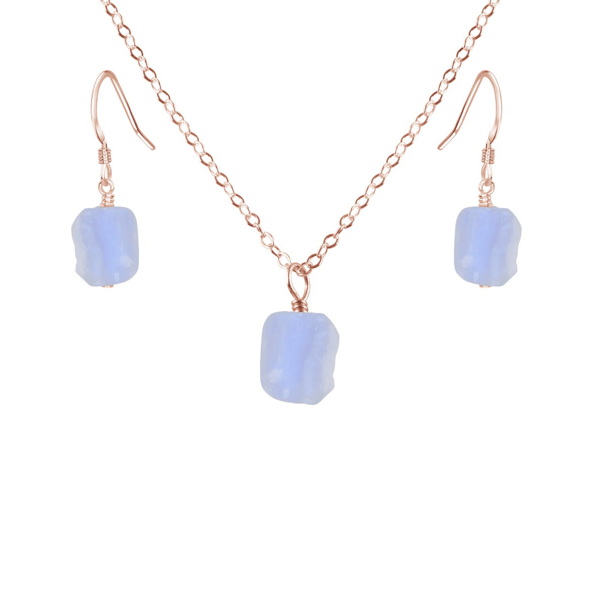 Raw Blue Lace Agate Crystal Earrings & Necklace Set - Raw Blue Lace Agate Crystal Earrings & Necklace Set - 14k Rose Gold Fill - Luna Tide Handmade Crystal Jewellery