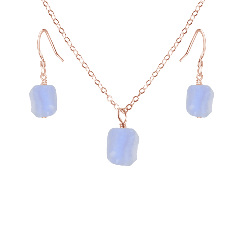 Raw Blue Lace Agate Crystal Earrings & Necklace Set - Raw Blue Lace Agate Crystal Earrings & Necklace Set - 14k Rose Gold Fill - Luna Tide Handmade Crystal Jewellery
