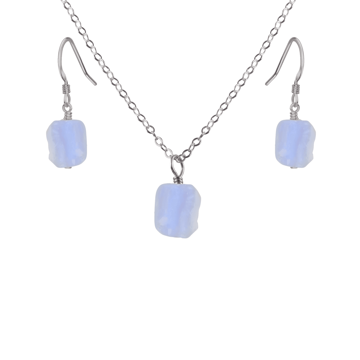 Raw Blue Lace Agate Crystal Earrings & Necklace Set - Raw Blue Lace Agate Crystal Earrings & Necklace Set - Stainless Steel - Luna Tide Handmade Crystal Jewellery