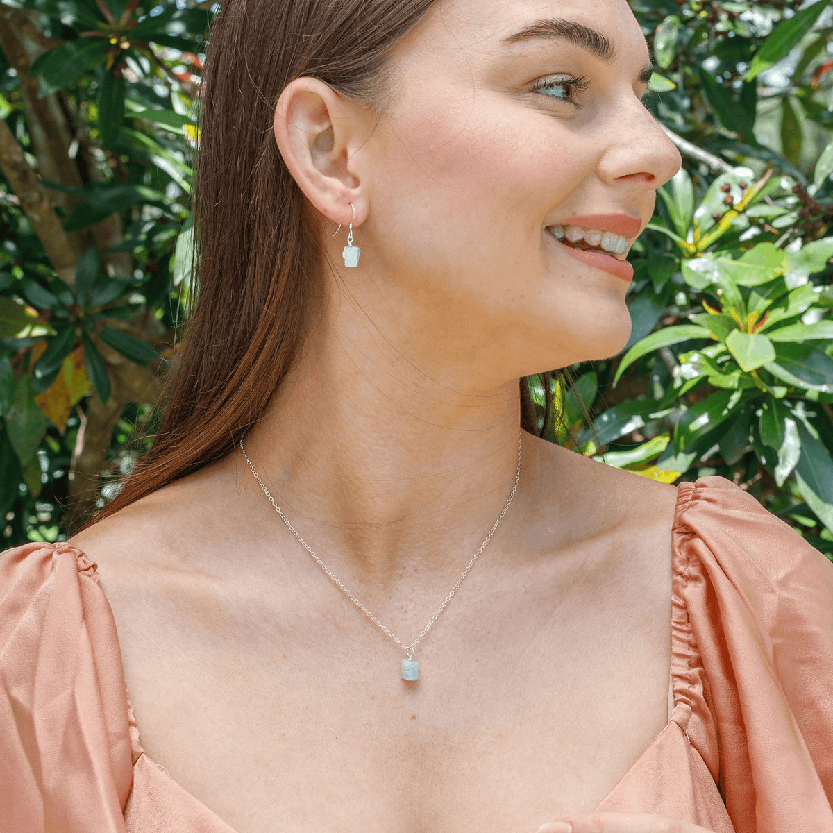 Raw Blue Lace Agate Crystal Earrings & Necklace Set - Raw Blue Lace Agate Crystal Earrings & Necklace Set - Sterling Silver - Luna Tide Handmade Crystal Jewellery