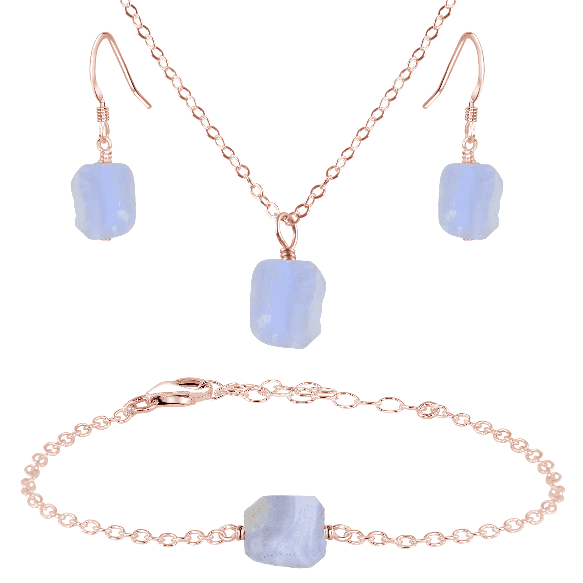 Raw Blue Lace Agate Crystal Earrings, Necklace & Bracelet Set - Raw Blue Lace Agate Crystal Earrings, Necklace & Bracelet Set - 14k Rose Gold Fill - Luna Tide Handmade Crystal Jewellery