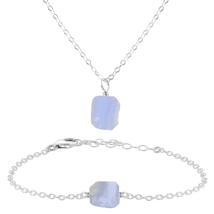 Raw Blue Lace Agate Crystal Necklace & Bracelet Set - Raw Blue Lace Agate Crystal Necklace & Bracelet Set - Sterling Silver - Luna Tide Handmade Crystal Jewellery