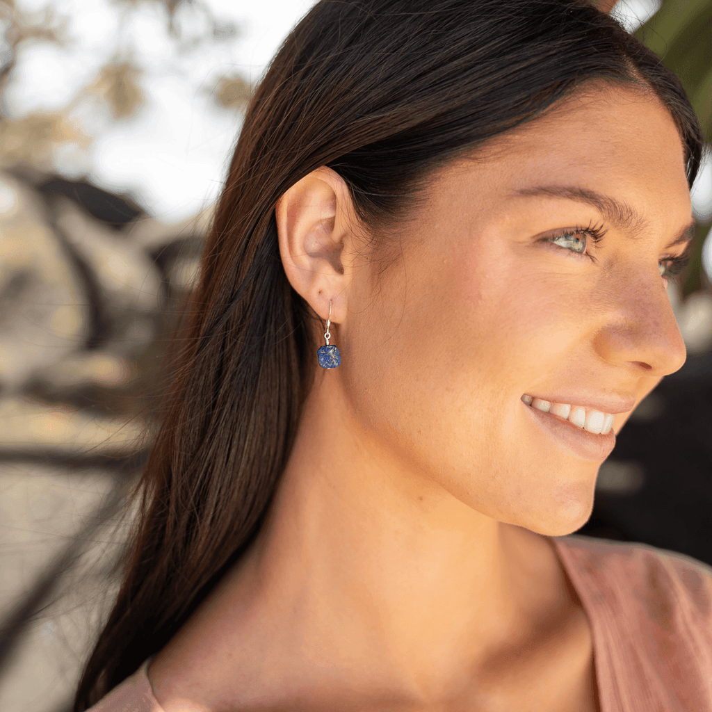 Raw Blue Lapis Lazuli Crystal Dangle Drop Earrings - Raw Blue Lapis Lazuli Crystal Dangle Drop Earrings - Sterling Silver - Luna Tide Handmade Crystal Jewellery