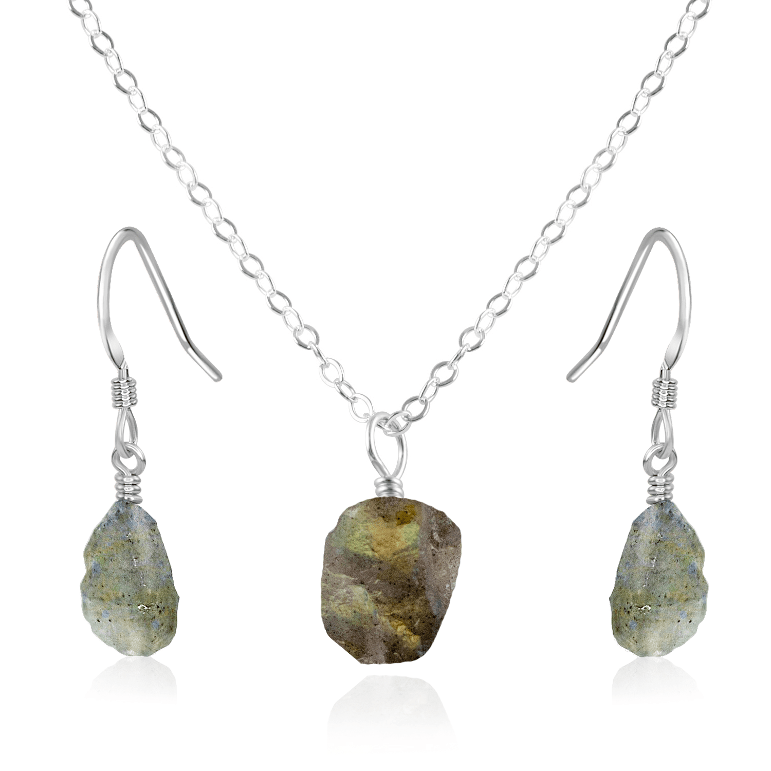 Raw Labradorite Crystal Jewellery Set - Raw Labradorite Crystal Jewellery Set - Sterling Silver / Cable / Necklace & Earrings - Luna Tide Handmade Crystal Jewellery