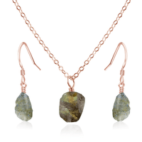 Raw Labradorite Crystal Earrings & Necklace Set - Raw Labradorite Crystal Earrings & Necklace Set - 14k Rose Gold Fill / Cable - Luna Tide Handmade Crystal Jewellery