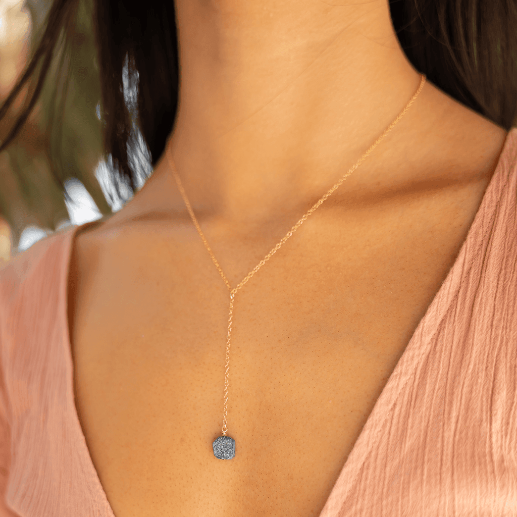 Raw Lapis Lazuli Crystal Lariat Necklace - Raw Lapis Lazuli Crystal Lariat Necklace - 14k Gold Fill - Luna Tide Handmade Crystal Jewellery