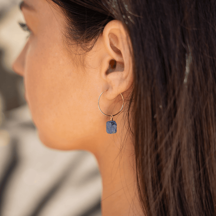 Raw Lapis Lazuli Gemstone Dangle Hoop Earrings - Raw Lapis Lazuli Gemstone Dangle Hoop Earrings - 14k Gold Fill - Luna Tide Handmade Crystal Jewellery
