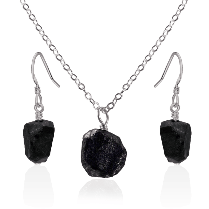 Raw Obsidian Crystal Jewellery Set - Raw Obsidian Crystal Jewellery Set - Stainless Steel / Cable / Necklace & Earrings - Luna Tide Handmade Crystal Jewellery