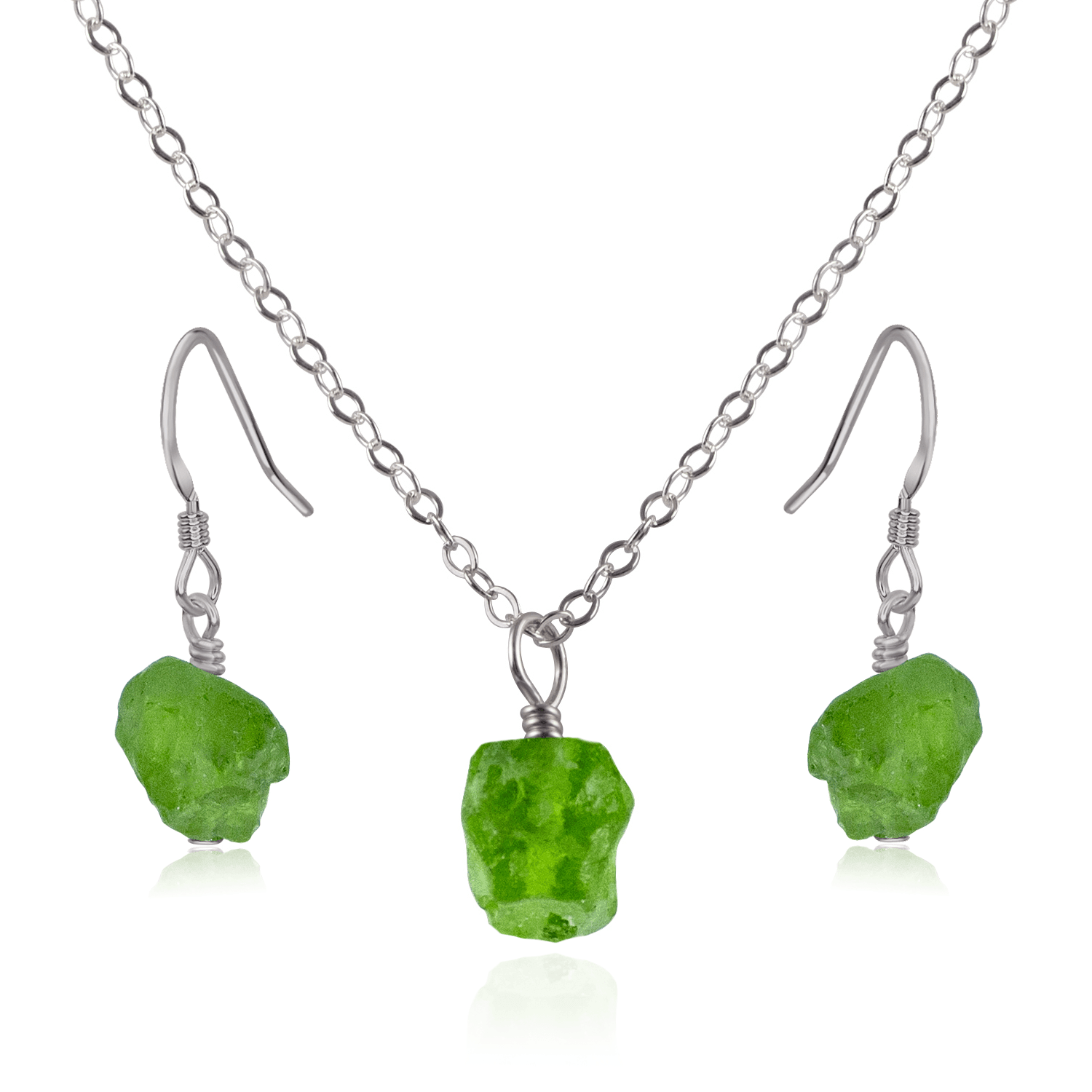 Raw Peridot Crystal Jewellery Set - Raw Peridot Crystal Jewellery Set - Stainless Steel / Cable / Necklace & Earrings - Luna Tide Handmade Crystal Jewellery