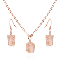 Raw Pink Peruvian Opal Crystal Earrings & Necklace Set - Raw Pink Peruvian Opal Crystal Earrings & Necklace Set - 14k Rose Gold Fill / Cable - Luna Tide Handmade Crystal Jewellery