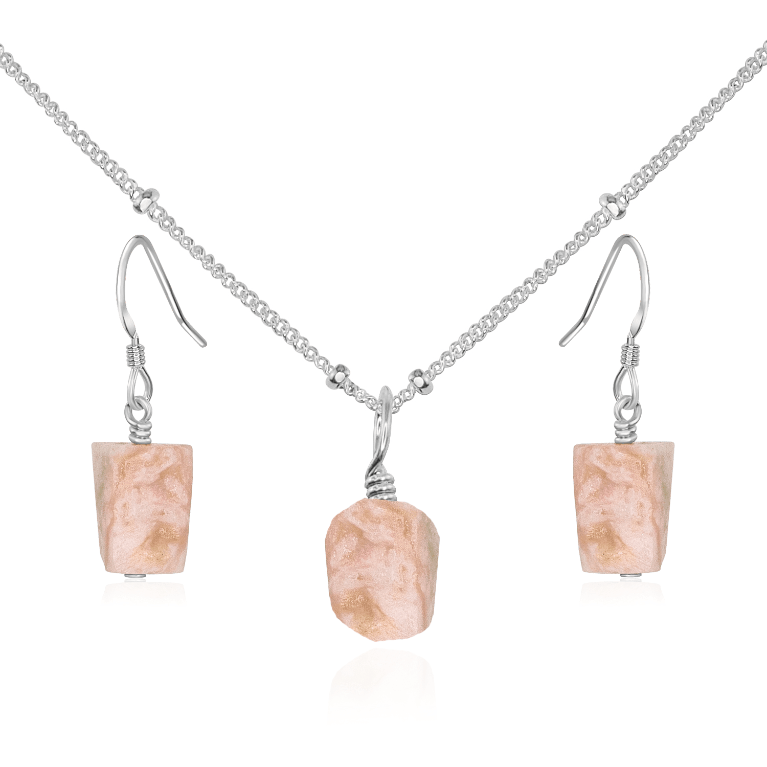 Raw Pink Peruvian Opal Crystal Jewellery Set - Raw Pink Peruvian Opal Crystal Jewellery Set - Sterling Silver / Satellite / Necklace & Earrings - Luna Tide Handmade Crystal Jewellery