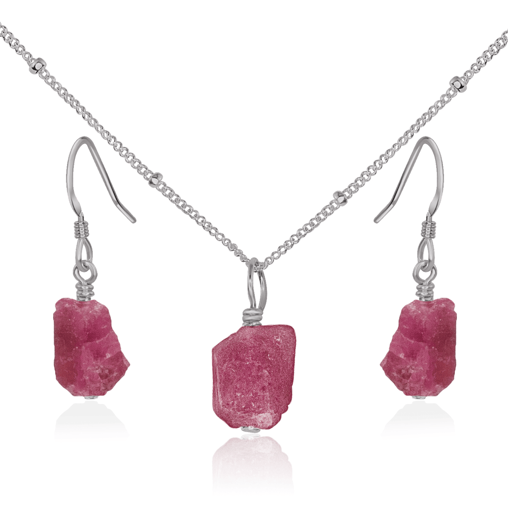 Raw Pink Tourmaline Crystal Jewellery Set - Raw Pink Tourmaline Crystal Jewellery Set - Stainless Steel / Satellite / Necklace & Earrings - Luna Tide Handmade Crystal Jewellery