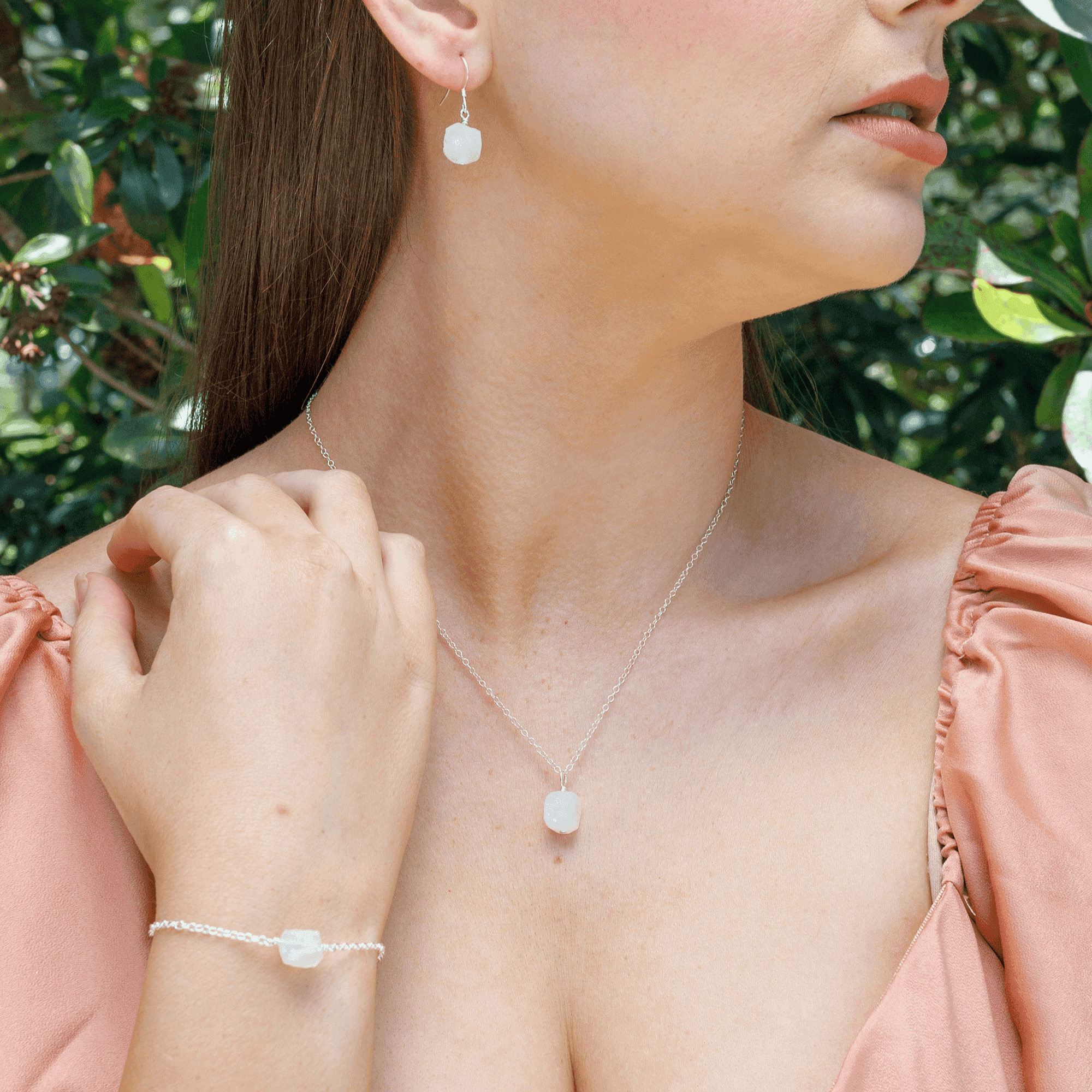 Raw Rainbow Moonstone Crystal Earrings, Necklace & Bracelet Set - Raw Rainbow Moonstone Crystal Earrings, Necklace & Bracelet Set - Sterling Silver - Luna Tide Handmade Crystal Jewellery