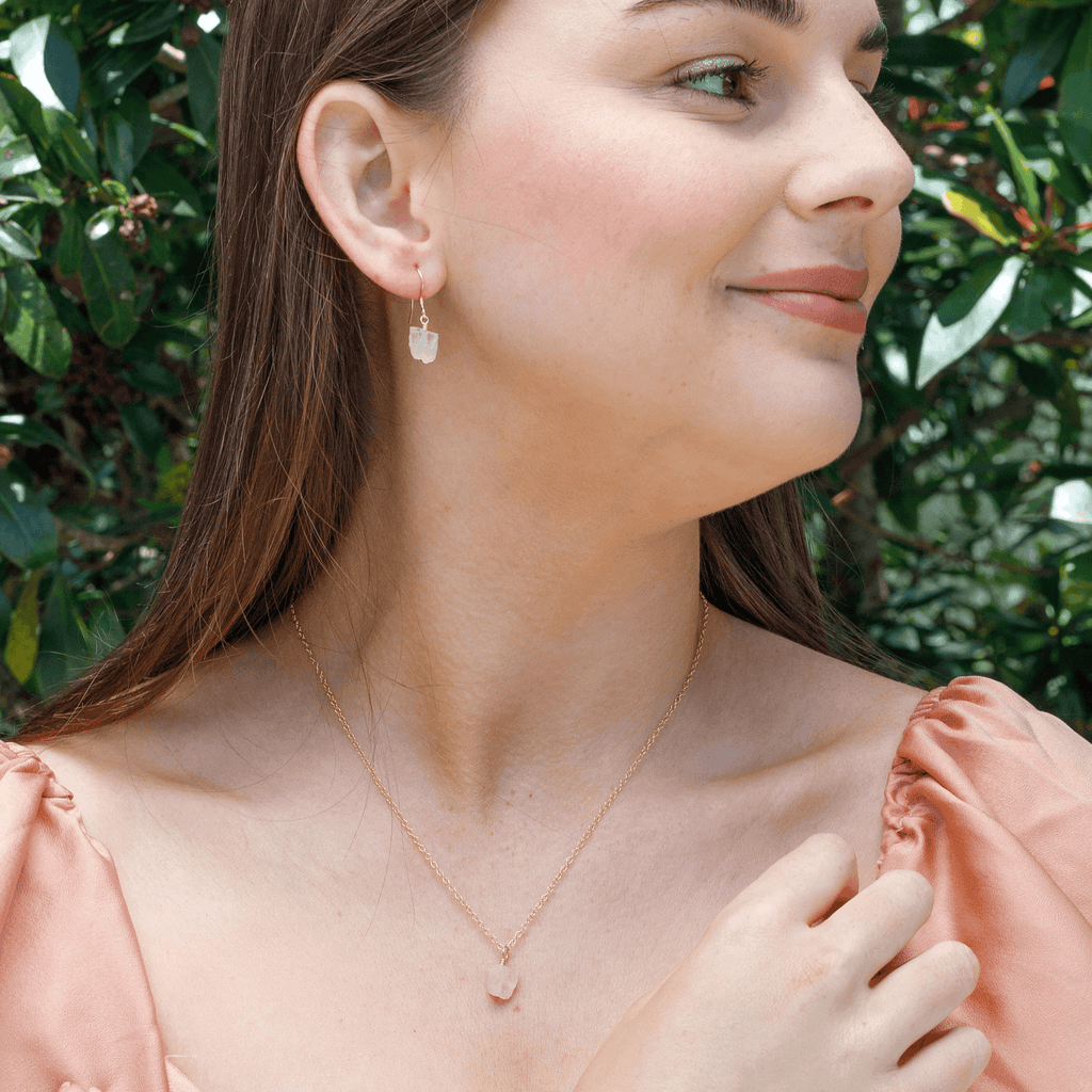 Raw Rose Quartz Crystal Earrings & Necklace Set - Raw Rose Quartz Crystal Earrings & Necklace Set - 14k Gold Fill / Cable - Luna Tide Handmade Crystal Jewellery