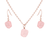 Raw Rose Quartz Crystal Earrings & Necklace Set - Raw Rose Quartz Crystal Earrings & Necklace Set - 14k Rose Gold Fill - Luna Tide Handmade Crystal Jewellery