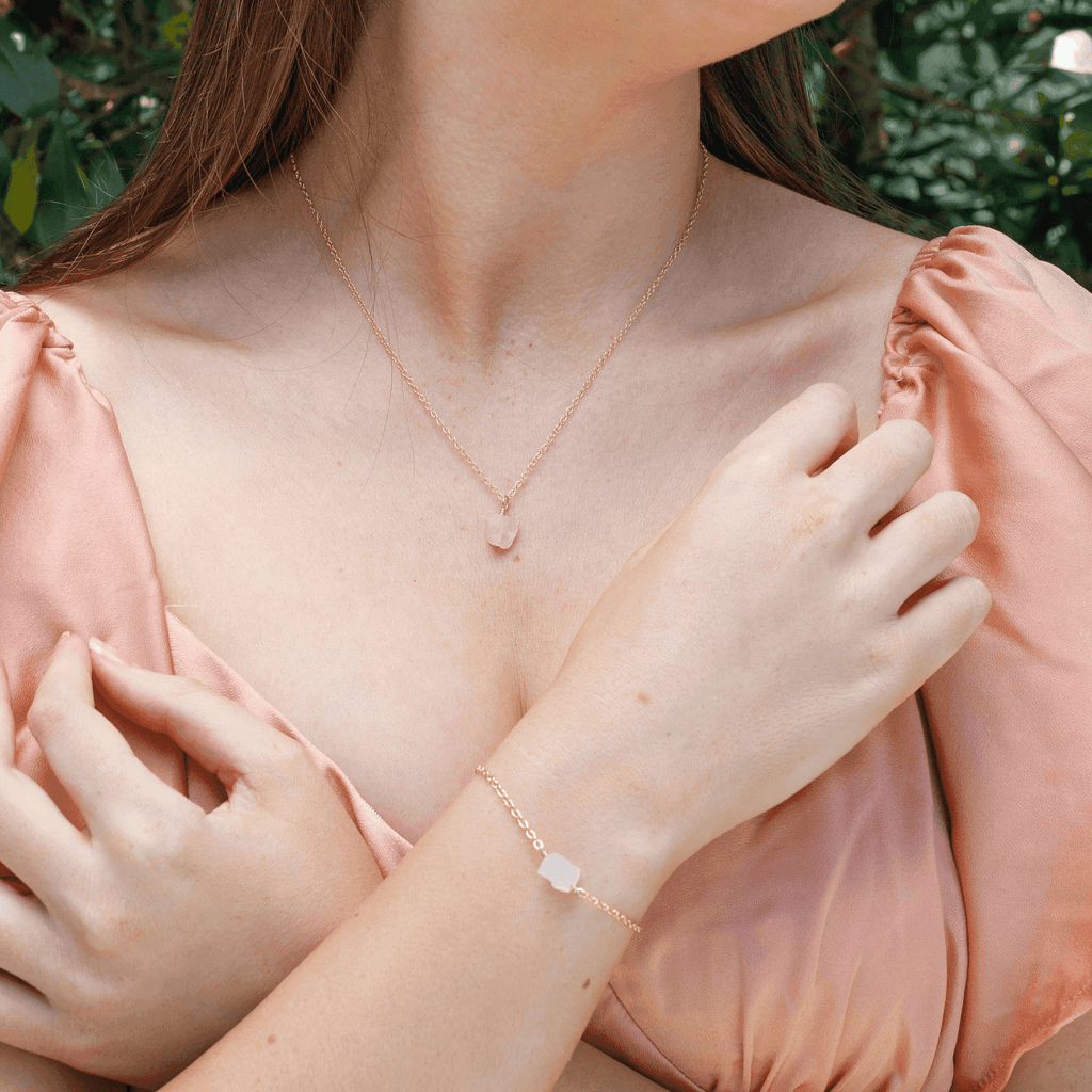 Raw Rose Quartz Crystal Necklace & Bracelet Set - Raw Rose Quartz Crystal Necklace & Bracelet Set - 14k Gold Fill - Luna Tide Handmade Crystal Jewellery