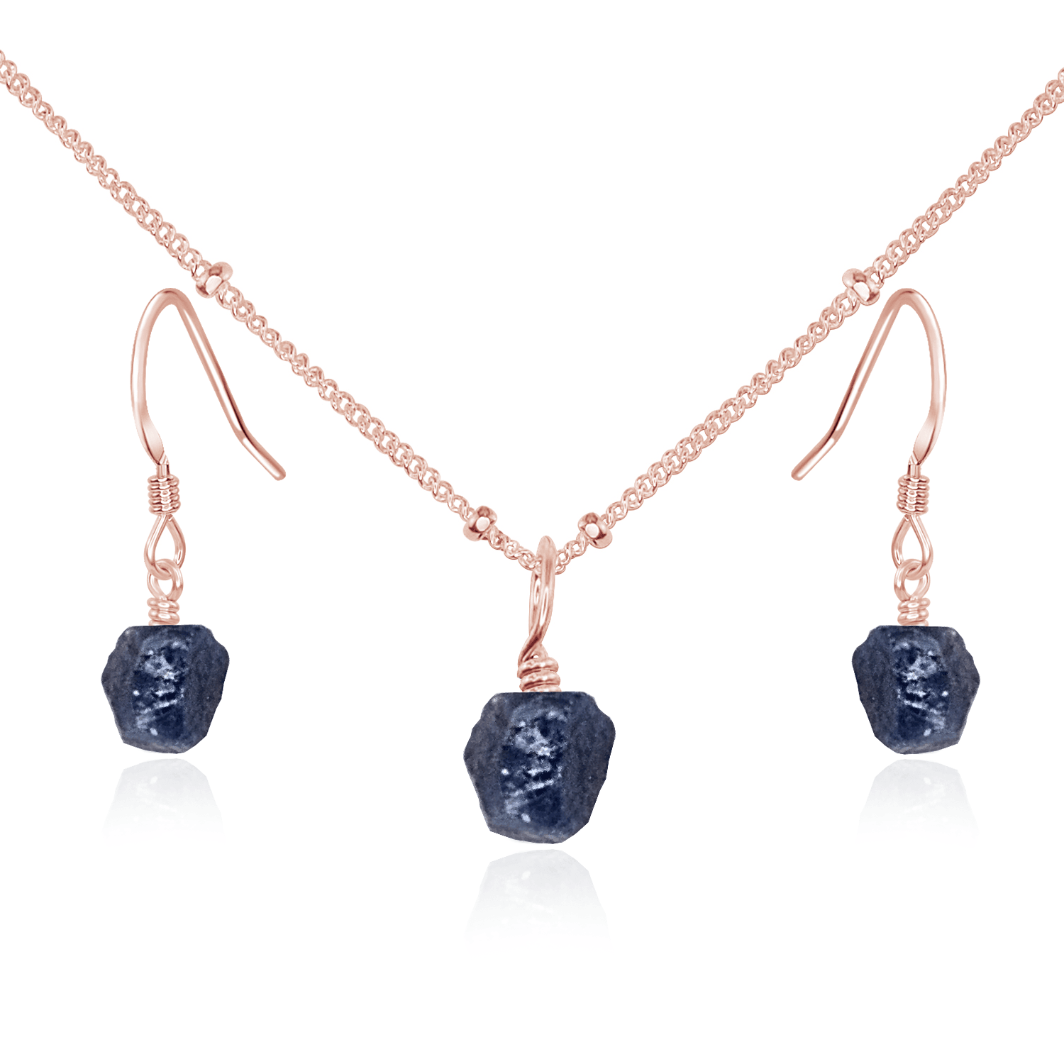 Raw Sapphire Crystal Jewellery Set - Raw Sapphire Crystal Jewellery Set - 14k Rose Gold Fill / Satellite / Necklace & Earrings - Luna Tide Handmade Crystal Jewellery