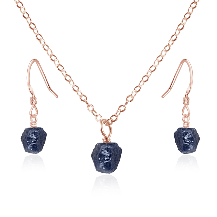 Raw Sapphire Crystal Jewellery Set - Raw Sapphire Crystal Jewellery Set - 14k Rose Gold Fill / Cable / Necklace & Earrings - Luna Tide Handmade Crystal Jewellery