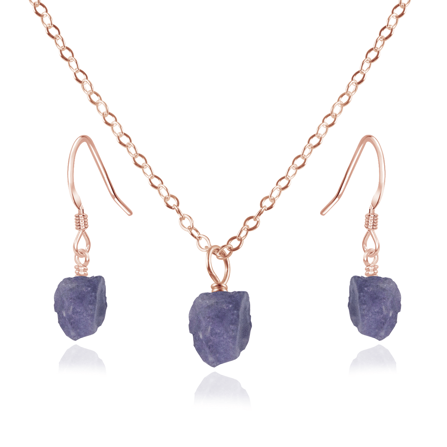 Raw Tanzanite Crystal Jewellery Set - Raw Tanzanite Crystal Jewellery Set - 14k Rose Gold Fill / Cable / Necklace & Earrings - Luna Tide Handmade Crystal Jewellery
