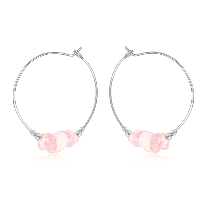 Rose Quartz Crystal Chip Large Hoop Earrings - Rose Quartz Crystal Chip Large Hoop Earrings - Sterling Silver - Luna Tide Handmade Crystal Jewellery
