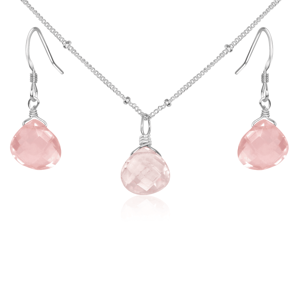 Rose Quartz Tiny Teardrop Earrings & Necklace Set - Rose Quartz Tiny Teardrop Earrings & Necklace Set - Sterling Silver / Satellite - Luna Tide Handmade Crystal Jewellery