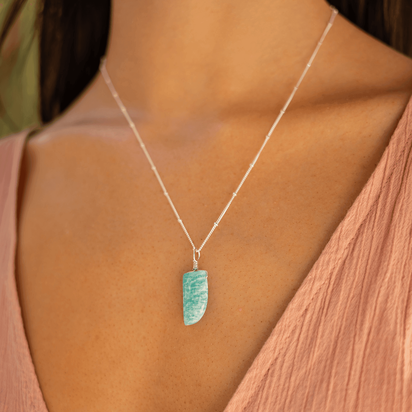 Small Smooth Amazonite Gentle Point Crystal Pendant Necklace - Small Smooth Amazonite Gentle Point Crystal Pendant Necklace - Sterling Silver / Cable - Luna Tide Handmade Crystal Jewellery