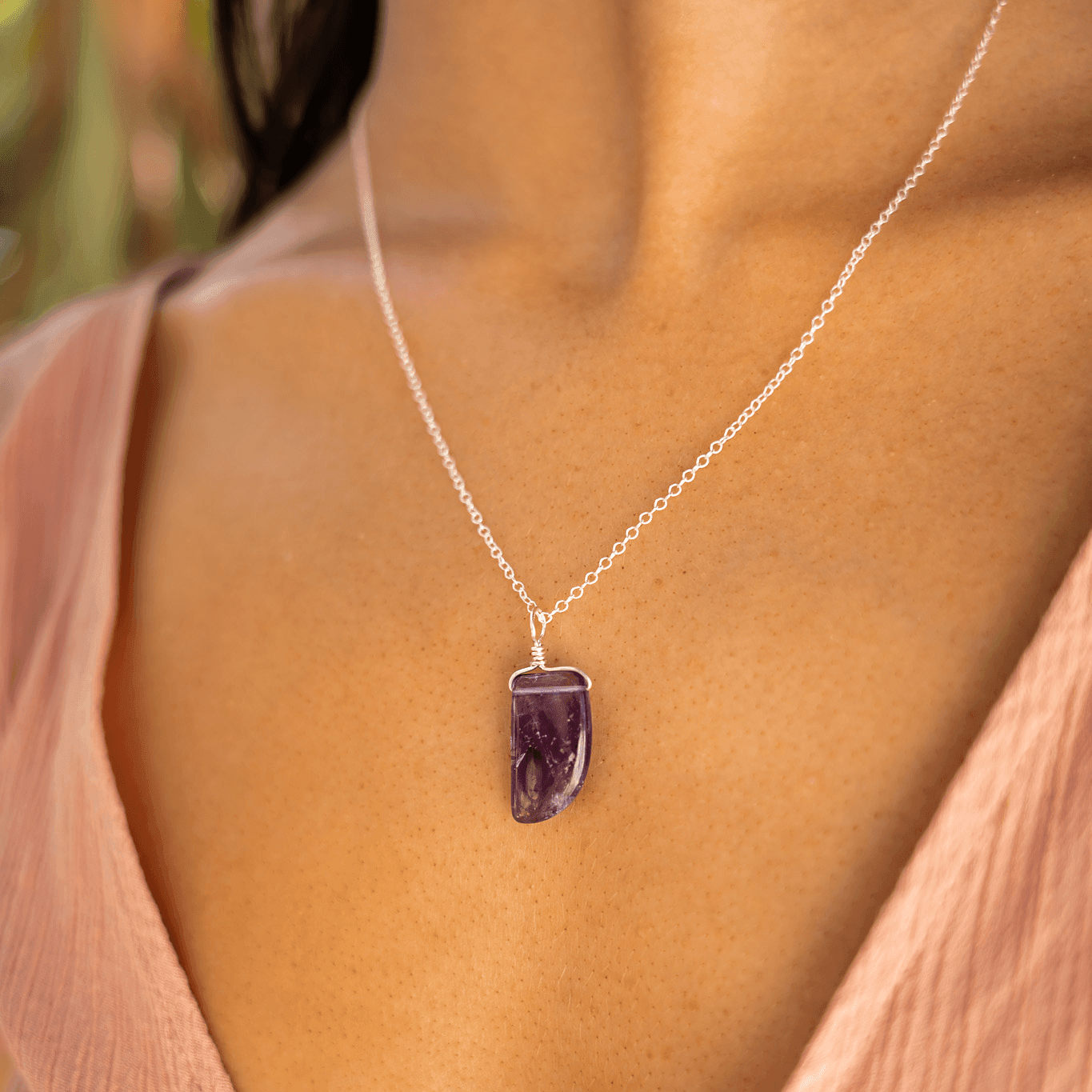 Small Smooth Amethyst Gentle Point Crystal Pendant Necklace - Small Smooth Amethyst Gentle Point Crystal Pendant Necklace - Sterling Silver / Cable - Luna Tide Handmade Crystal Jewellery