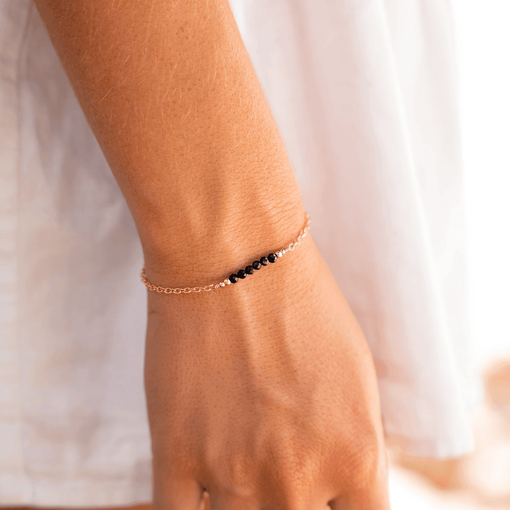 Sparkling Black Tourmaline Gemstone Faceted Bead Bar Bracelet - Sparkling Black Tourmaline Gemstone Faceted Bead Bar Bracelet - 14k Gold Fill - Luna Tide Handmade Crystal Jewellery