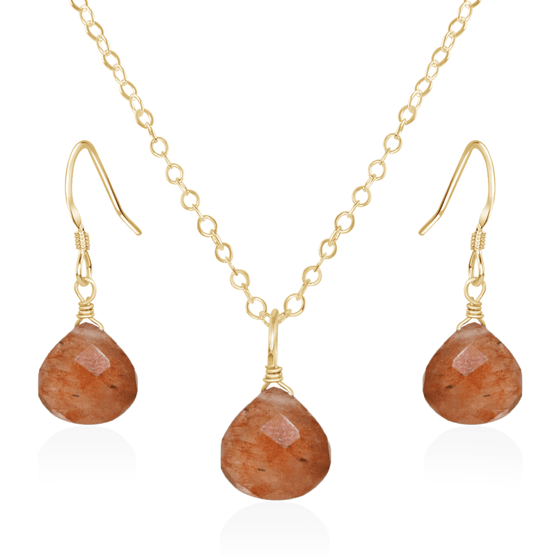 Sunstone Tiny Teardrop Earrings & Necklace Set - Sunstone Tiny Teardrop Earrings & Necklace Set - 14k Gold Fill / Cable - Luna Tide Handmade Crystal Jewellery