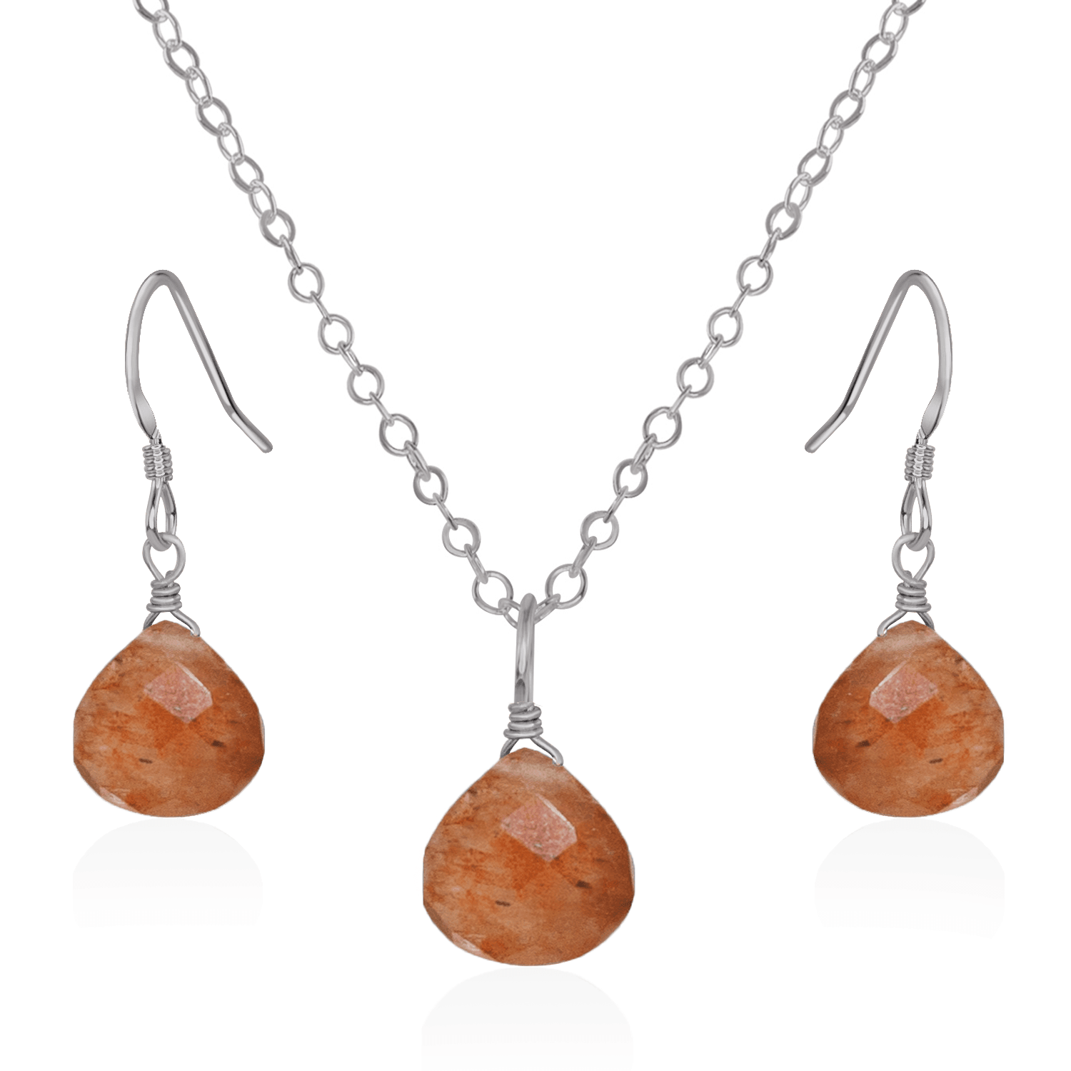 Sunstone Tiny Teardrop Earrings & Necklace Set - Sunstone Tiny Teardrop Earrings & Necklace Set - Stainless Steel / Cable - Luna Tide Handmade Crystal Jewellery