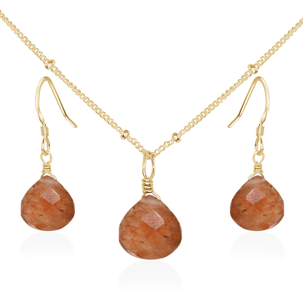 Sunstone Tiny Teardrop Earrings & Necklace Set - Sunstone Tiny Teardrop Earrings & Necklace Set - 14k Gold Fill / Satellite - Luna Tide Handmade Crystal Jewellery