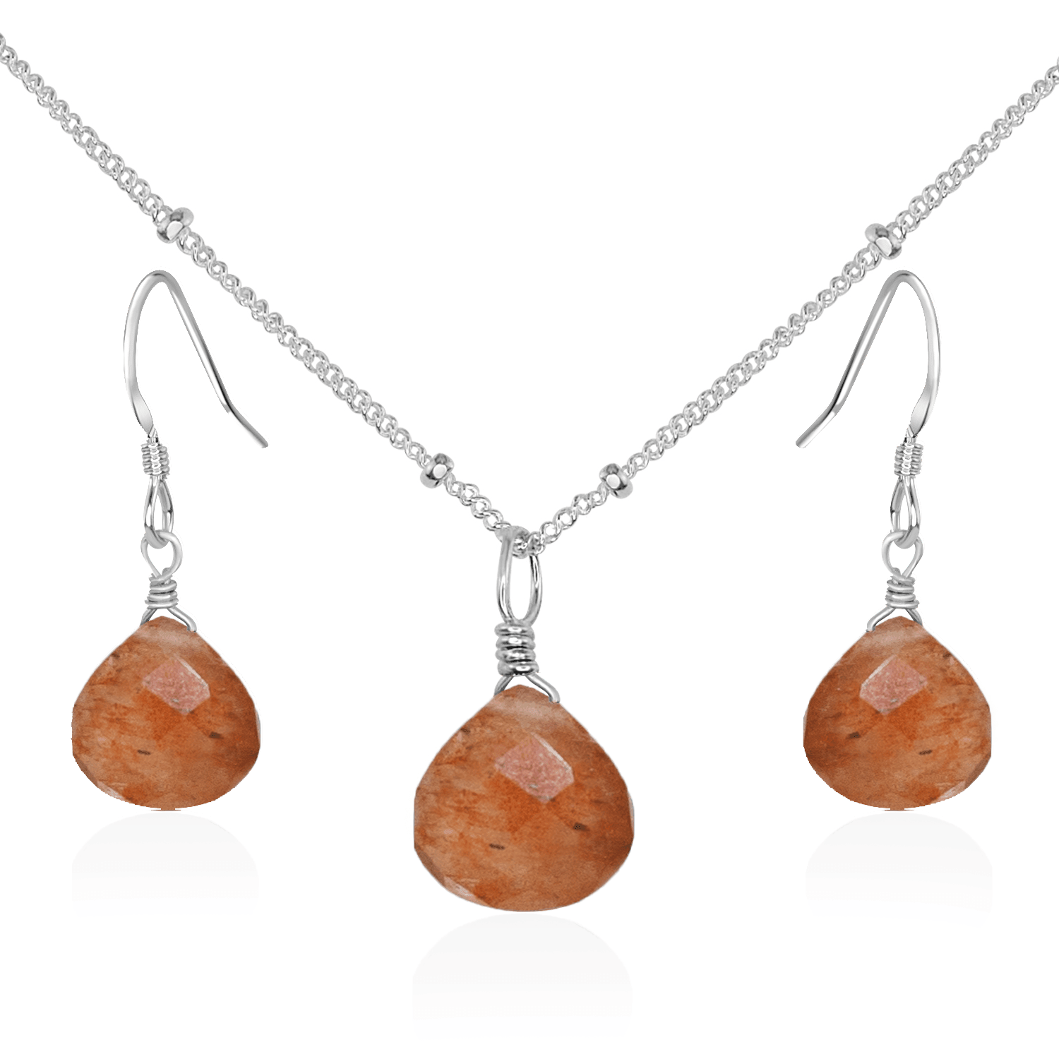 Sunstone Tiny Teardrop Earrings & Necklace Set - Sunstone Tiny Teardrop Earrings & Necklace Set - Sterling Silver / Satellite - Luna Tide Handmade Crystal Jewellery