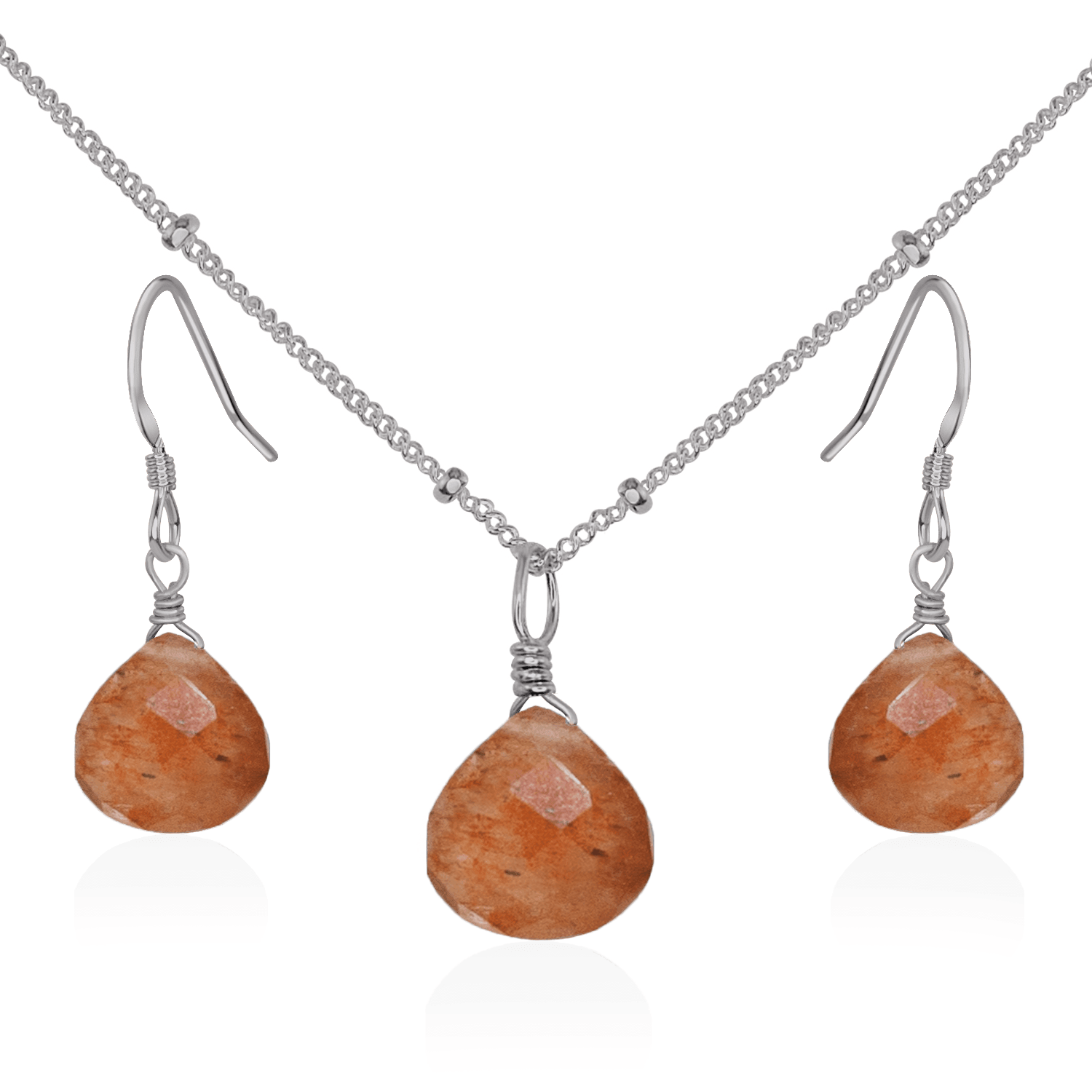 Sunstone Tiny Teardrop Earrings & Necklace Set - Sunstone Tiny Teardrop Earrings & Necklace Set - Stainless Steel / Satellite - Luna Tide Handmade Crystal Jewellery