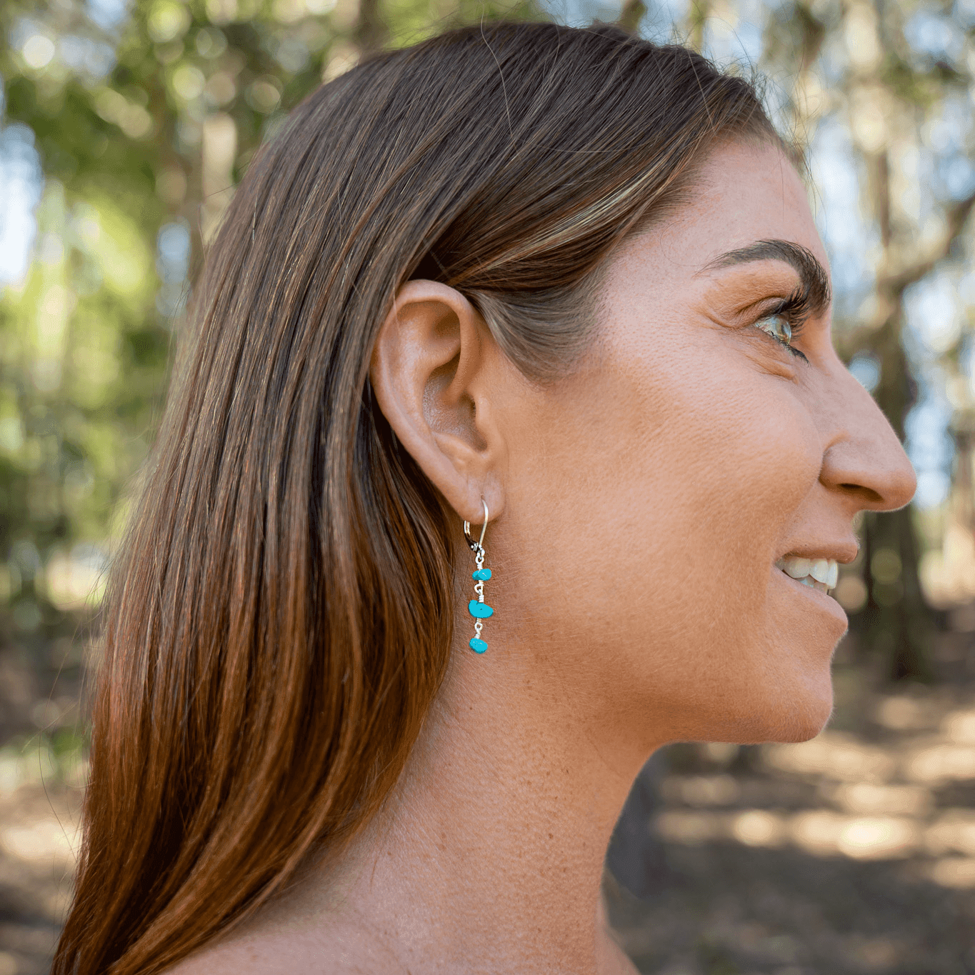 Turquoise Crystal Beaded Chain Dangle Leverback Earrings - Turquoise Crystal Beaded Chain Dangle Leverback Earrings - Sterling Silver - Luna Tide Handmade Crystal Jewellery