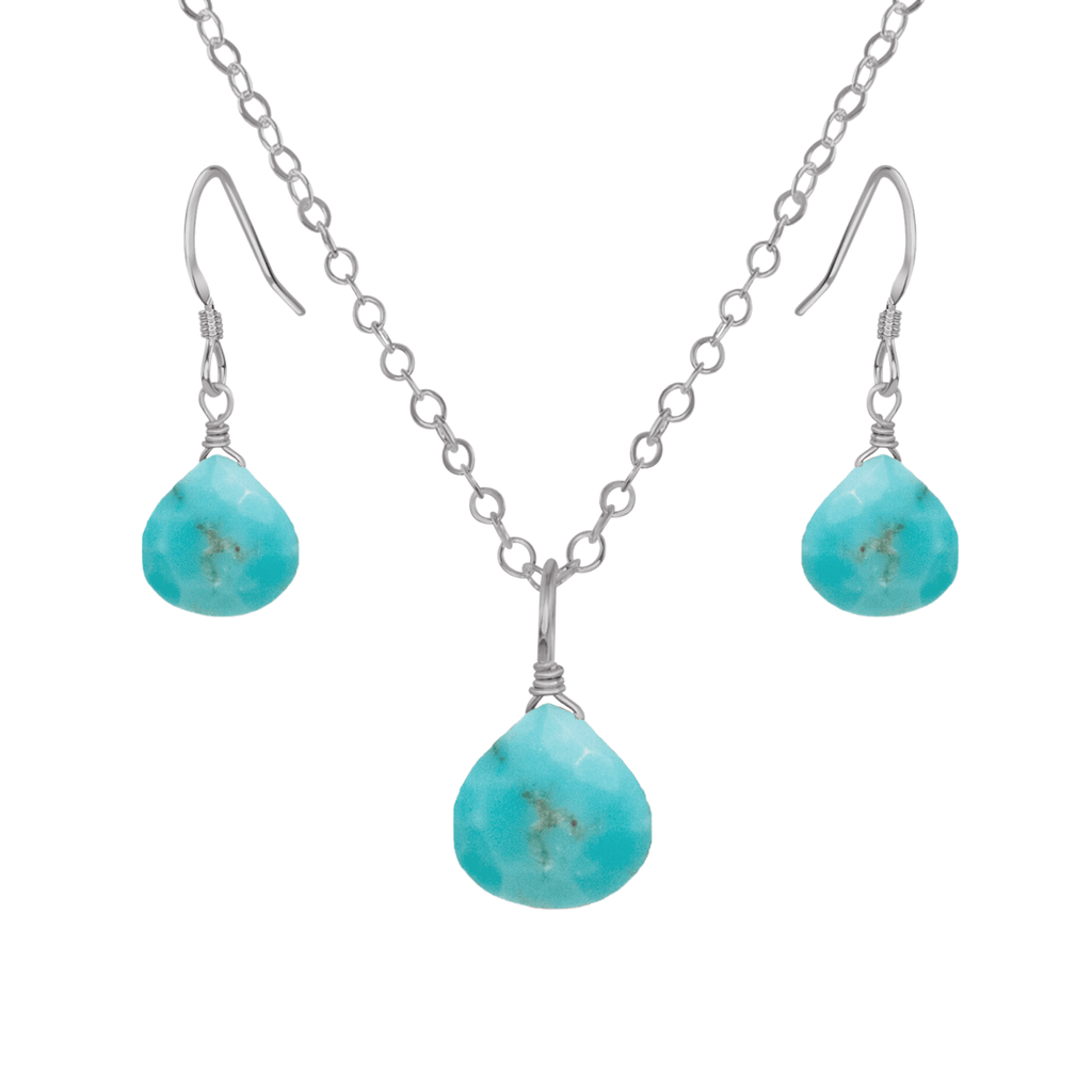 Turquoise Tiny Teardrop Earrings & Necklace Set - Turquoise Tiny Teardrop Earrings & Necklace Set - Stainless Steel / Cable - Luna Tide Handmade Crystal Jewellery