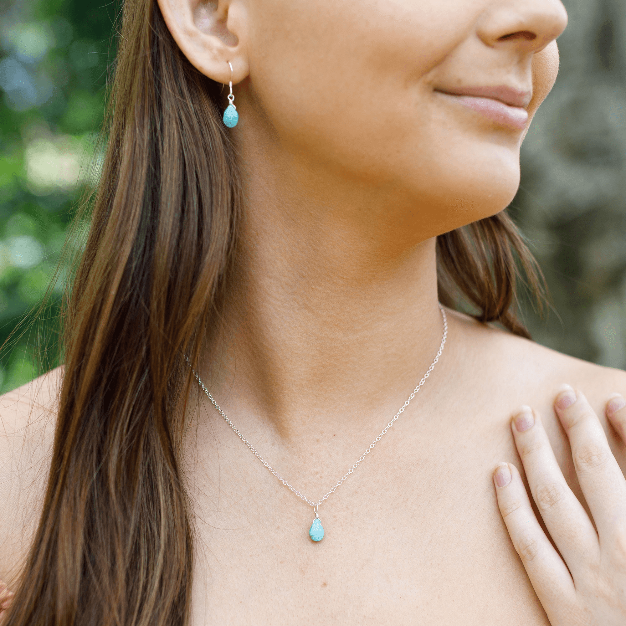 Turquoise Tiny Teardrop Earrings & Necklace Set - Turquoise Tiny Teardrop Earrings & Necklace Set - Sterling Silver / Cable - Luna Tide Handmade Crystal Jewellery