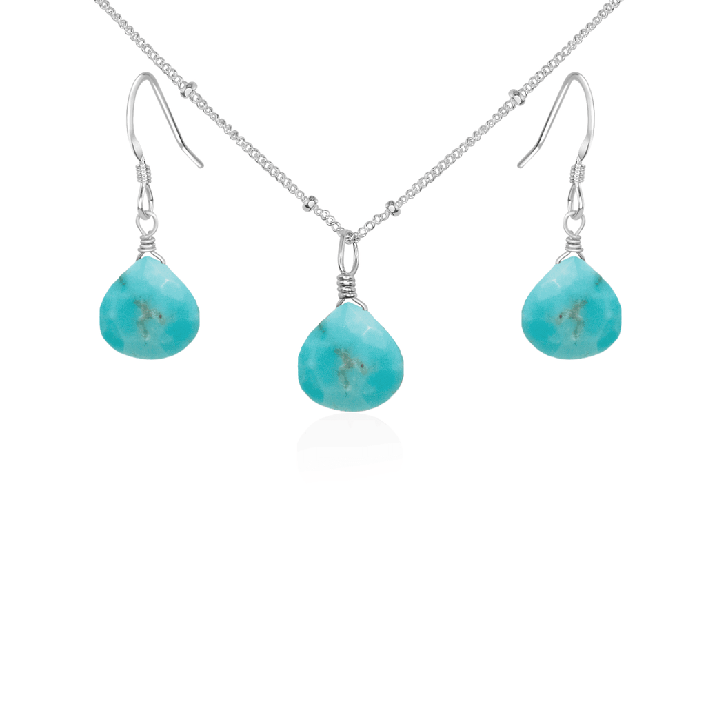 Turquoise Tiny Teardrop Earrings & Necklace Set - Turquoise Tiny Teardrop Earrings & Necklace Set - Sterling Silver / Satellite - Luna Tide Handmade Crystal Jewellery