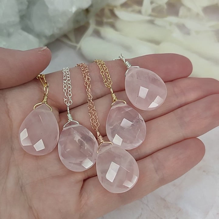 Large Rose Quartz Faceted Teardrop Crystal Pendant Necklace