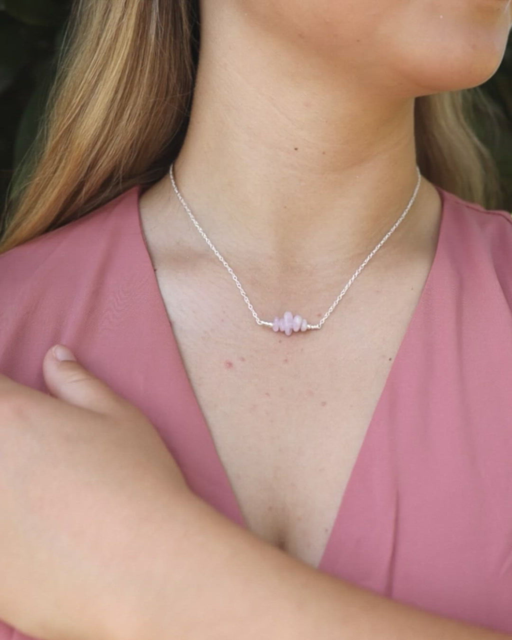 Kunzite Chip Bead Bar Necklace
